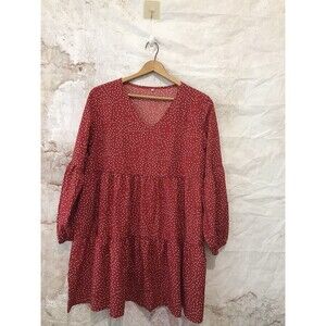 Red Polka Dot V Neck Puff Sleeve Tiered Bohemian Short Above Knee Dress Extra L